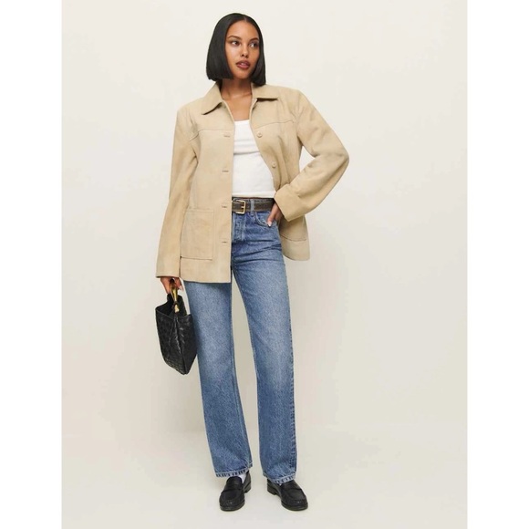 NWT Reformation Veda Lincoln Suede Shirt Jacket in Oat Distressed Tan Small - Picture 13 of 16